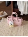 Pink leather Kelly handbag for women, elegant top handle tote bag with cute plush pendant. - With Pendant / Pink