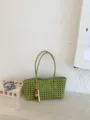 Green woven hollow shoulder bag stylish casual tote daily commute handbag accessories - With Pendant / Green