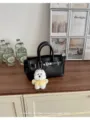 Korean style litchi pattern women handbag with Kelly design and cute plush dog pendant. - With Pendant / Black