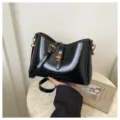Minimalist black glossy shoulder bag underarm bag for women chic commuting daily handbag - Black