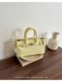 Yellow lychee pattern leather tote bag, elegant vintage Kelly style commuter shoulder bag. - Yellow