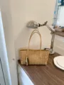 Beige woven shoulder bag for women, stylish hollow-out tote bag with beaded charm for commute. - With Pendant / Yellow