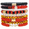 Stapelbares Polymer-Ton- und Metallperlen-Armbänder-Set mit sportlichem Motiv-Design. - Rot Schwarz Weiß Gold Game Day Set (ZJ13324)