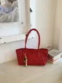 Chic Red Woven Shoulder Bag Hollow Out Tote Casual Commuter Handbag with Beaded Charm - With Pendant / Red
