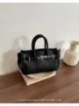 Black litchi grain leather handbag classic retro tote bag for women daily commute - Black