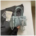 Light blue denim shoulder bag with sparkling rhinestones, pearls and lace bow for women. - Blue With Pendant
