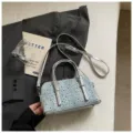 Light blue denim shoulder handbag, stylish contrast color bowling bag with silver metallic straps. - Silver (Without Pendant)