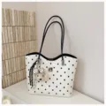 Black and white polka dot tote bag, PU leather shoulder bag with cute puppy dog charm variant - With Pendant / White