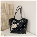 Women large capacity polka dot shoulder tote bag casual commuter handbag with cute bear charm. - With Pendant / Black