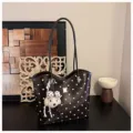 Brown polka dot shoulder tote bag with cute plush puppy pendant for daily casual commuting - With Pendant / Coffee