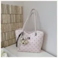Pink polka dot tote bag for women, stylish shoulder bag with cute puppy charm accessory. - With Pendant / Pink