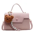 Stylish pink women handheld square bag with cute bear pendant for daily commute and casual use - With Pendant / Pink