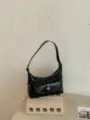 Simple vintage black patent leather shoulder bag, trendy French style handbag for women. - Black