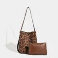 Fashion leopard print shoulder bag and small pouch set, elegant women leather tote handbag. - Large Leopard Brown