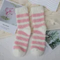 Fuzzy coral fleece winter socks for women, pink and white striped mid-tube thermal sleep socks. - One Size / Pink