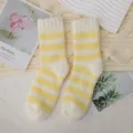 Cozy yellow and white striped fuzzy fleece socks for women, soft plush winter home sleep socks. - One Size / Yellow
