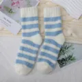 Cozy Soft Blue Striped Fluffy Coral Fleece Socks Thick Warm Winter Home Socks - One Size / Sky Blue
