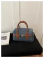 Denim boston shoulder bag, casual brown leather trim pillow handbag for women daily wear. - Dark Blue With Brown