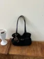Korean retro pleated shoulder underarm bag women minimalist chic handheld tote bag - With Pendant / Black