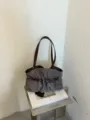Retro suede shoulder bag for women, chic vintage underarm tote with pleated design and belt. - No Pendant / Gray