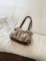 Retro pleated shoulder underarm bag for women minimalist brown PU leather casual tote purse - No Pendant / Khaki