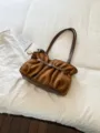 Brown suede pleated shoulder bag, stylish underarm handbag with buckle strap design for women. - No Pendant / Brown