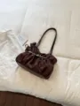 Brown vintage ruched shoulder bag chic underarm handbag soft suede style daily tote purse - No Pendant / Brown