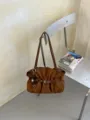 Brown suede underarm shoulder bag for women minimalist pleated handbag with stylish strap - With Pendant / Brown