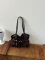 Retro dark brown ruched shoulder bag for women, vintage soft PU leather minimalist tote purse. - With Pendant / Brown