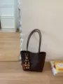Woven leather tote bag for women, large capacity vintage shoulder bag with cute charm. - With Pendant / Coffee