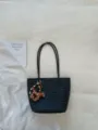 Black woven leather tote bag for women, large capacity retro casual single shoulder bag - With Pendant / Black
