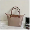 Stylish nylon tote bag with brown leather trim, large capacity waterproof travel handbag. - Khaki
