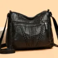 Black soft leather shoulder bag for women, large capacity multi-pocket crossbody tote handbag. - Black