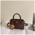 Brown retro handbag for women, versatile brushed crossbody bag with cute knitted bear pendant. - With Pendant / Coffee