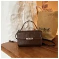 Vintage brown women shoulder bag retro small square crossbody handbag with metal lock - Coffee