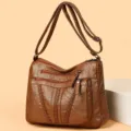 Women brown leather crossbody shoulder bag multi pocket casual tote handbag with braided detail - Brown