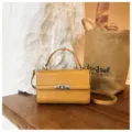Retro yellow PU leather crossbody shoulder bag for women, stylish daily commute top handle bag. - Yellow