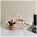 Chic vintage women suede handbag elegant commuter shoulder crossbody tote bag with bear charm. - With Pendant / Off White