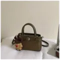 Vintage dark green suede women handbag shoulder crossbody bag with cute bear pendant charm - With Pendant / Green