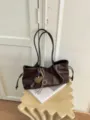 Vintage brown large capacity tote bag for women, casual soft PU leather shoulder bag commute. - Coffee With Pendant