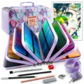 Detailed view of 550pcs colored pencil set fanned out with multi-layer purple canvas case. - Pink