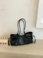 Black slouchy soft leather tote bag, casual daily large capacity shoulder handbag style - Black without Pendant