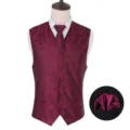 Men's classic paisley pattern vest tie and pocket square set for wedding groom business attire - Burgundy