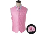 Men pink paisley polyester silk vest tie pocket square set for wedding business party. - Pink
