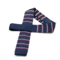 Men's navy blue knitted tie with red and white stripes, flat end design for formal wear. - Dark Blue with Red and White Striped