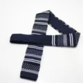 Men's navy blue knitted tie with white dots and stripes, stylish flat tip for men. - Dark Blue Dot Striped