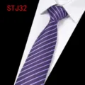Men's purple striped business formal tie with white shirt collar display, classic jacquard design. - Purple Base White Fine Striped (STJ32)