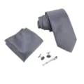Conjunto de corbata a rayas clásica para hombre con pañuelo y gemelos de negocios - Raya Fina Gris
