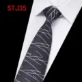 Men's business formal polyester silk jacquard tie with white geometric lines pattern. - Black Base White Lines Geometric (STJ35)