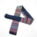Men's knit flat tie with geometric Nordic pattern, stylish winter accessory for formal business. - Dark Blue Red White Diamond